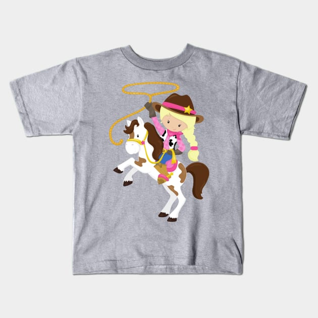 Cowgirl, Sheriff, Horse, Lasso, Blonde Hair Kids T-Shirt by Jelena Dunčević